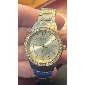 Women's Folio Watch, Light Gold Tone with Crystal Accents